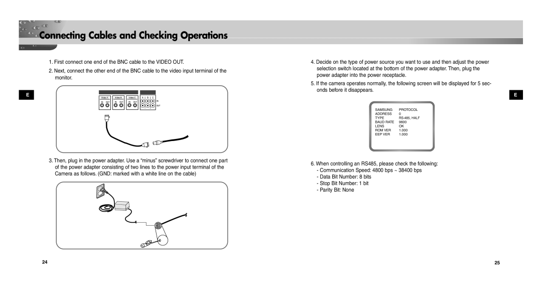 Samsung SCC-C9302(F)P user manual Connecting Cables and Checking Operations 