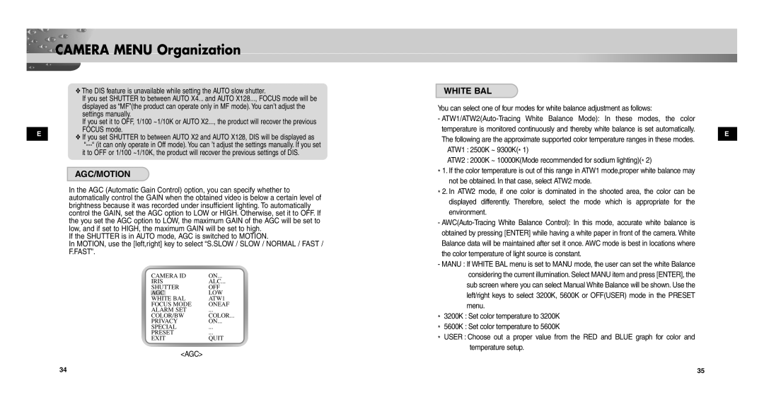 Samsung SCC-C9302(F)P user manual Agc/Motion, White BAL 