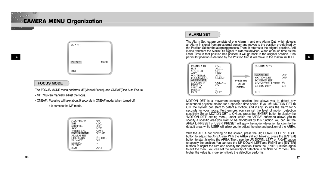 Samsung SCC-C9302(F)P user manual Focus Mode, Alarm SET 