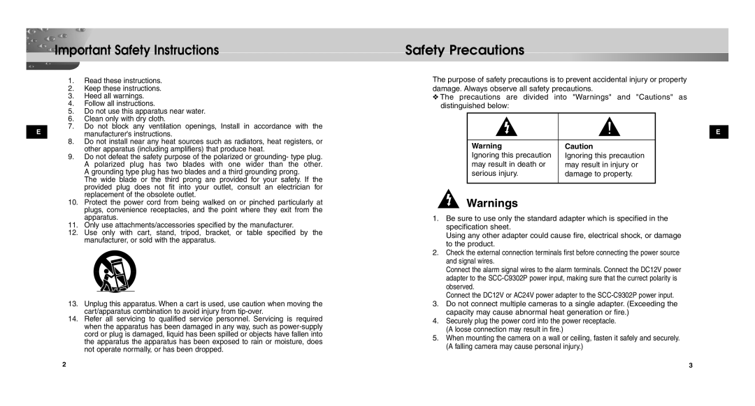 Samsung SCC-C9302(F)P user manual Important Safety Instructions 