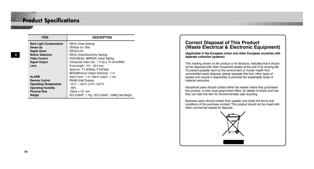 Samsung SCC-C9302(F)P user manual Alarm 