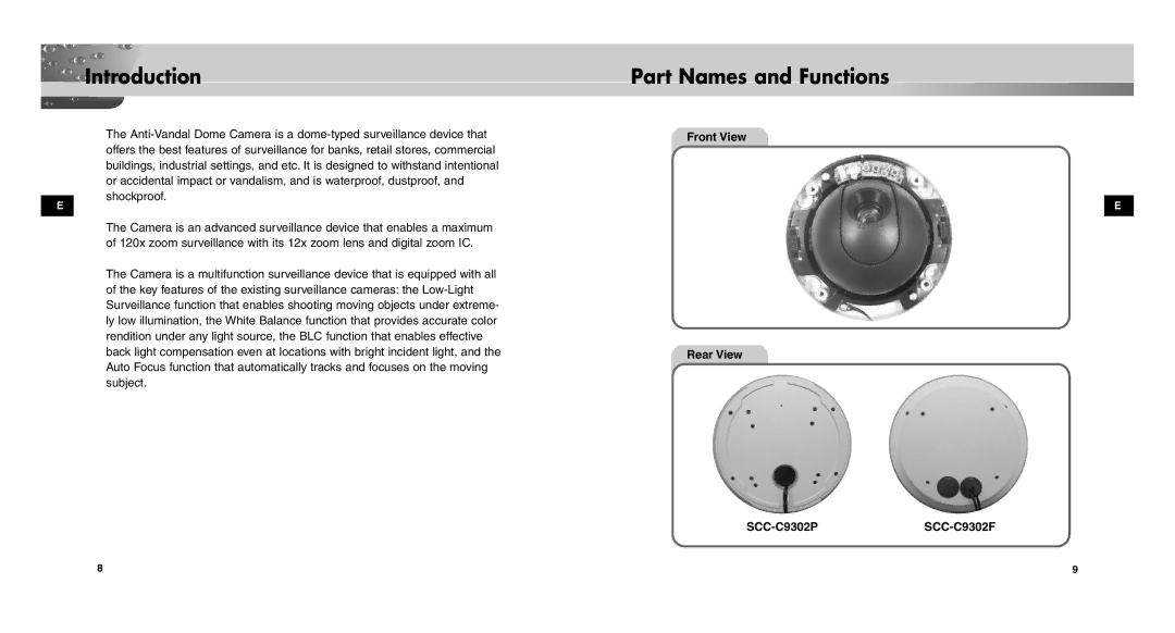 Samsung SCC-C9302(F)P user manual Introduction, Part Names and Functions, Front View Rear View SCC-C9302PSCC-C9302F 