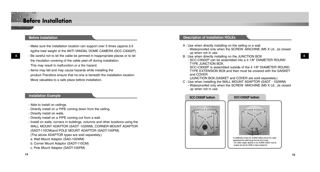 Samsung SCC-C9302(F)P Before Installation, Installation Example, Description of Installation HOLEs, SCC-C9302P bottom 