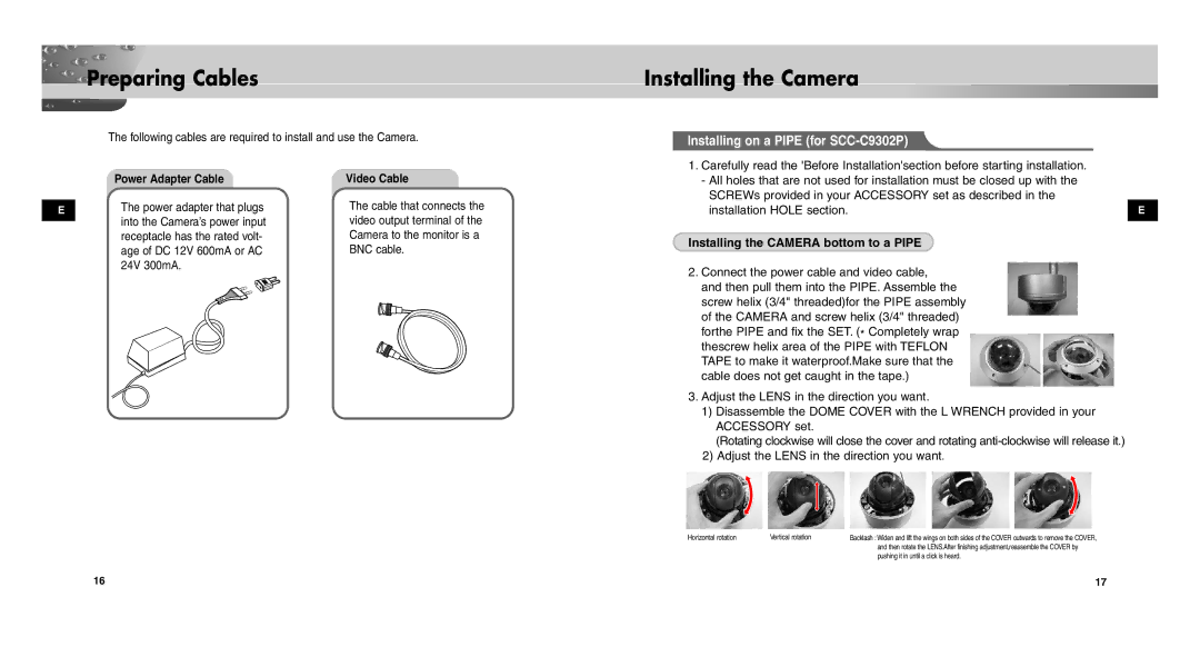 Samsung SCC-C9302(F)P user manual Preparing Cables, Installing on a Pipe for SCC-C9302P, Power Adapter Cable, Video Cable 