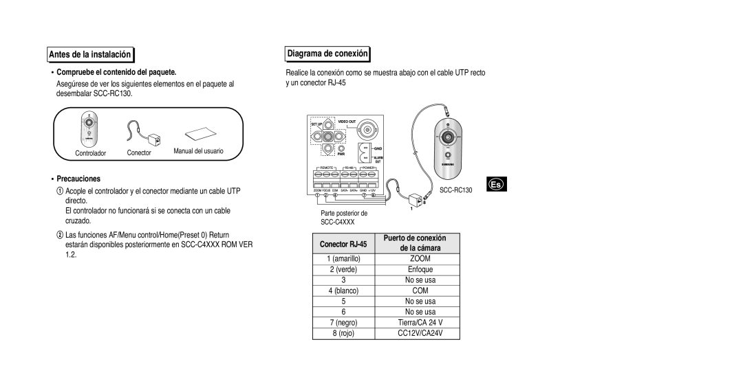 Samsung SCC-RC130E manual Antes de la instalación, Diagrama de conexión, Compruebe el contenido del paquete, Precauciones 