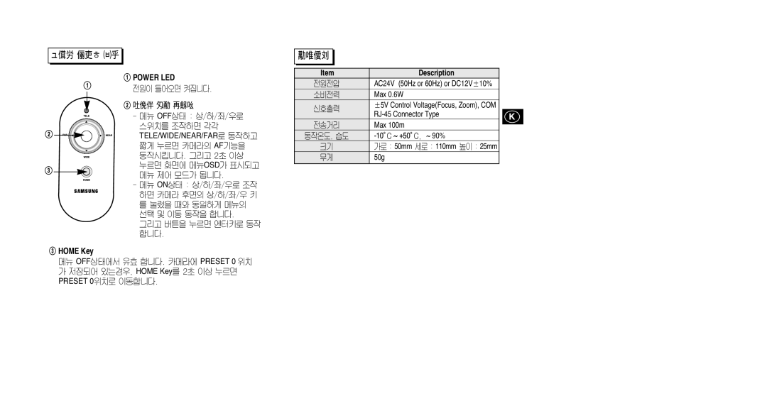 Samsung SCC-RC130E manual # Home Key, Power LED, Description 