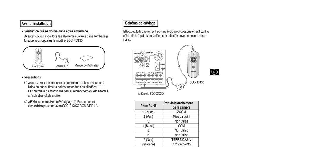 Samsung SCC-RC130E Avant l’installation, Schéma de câblage, Vérifiez ce qui se trouve dans votre emballage, Précautions 