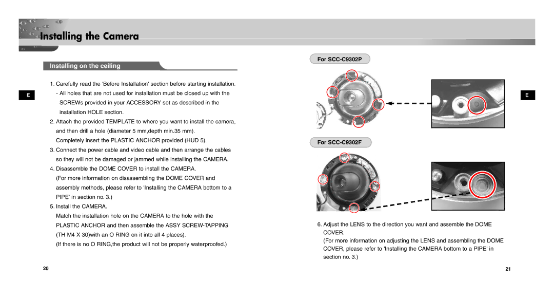 Samsung SCCC9302FP/SAU, SCC-C9302P/SAU, SCC-C9302FP manual Installing on the ceiling, For SCC-C9302P For SCC-C9302F 