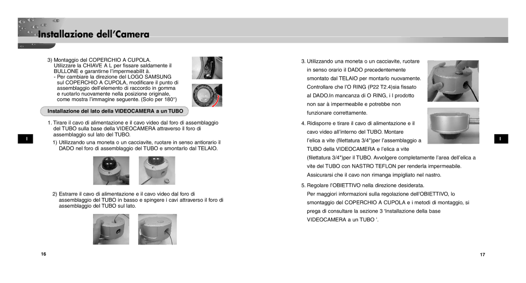 Samsung SCC-C9302FP, SCCC9302FP/SAU, SCC-C9302P/SAU manual Installazione del lato della Videocamera a un Tubo 