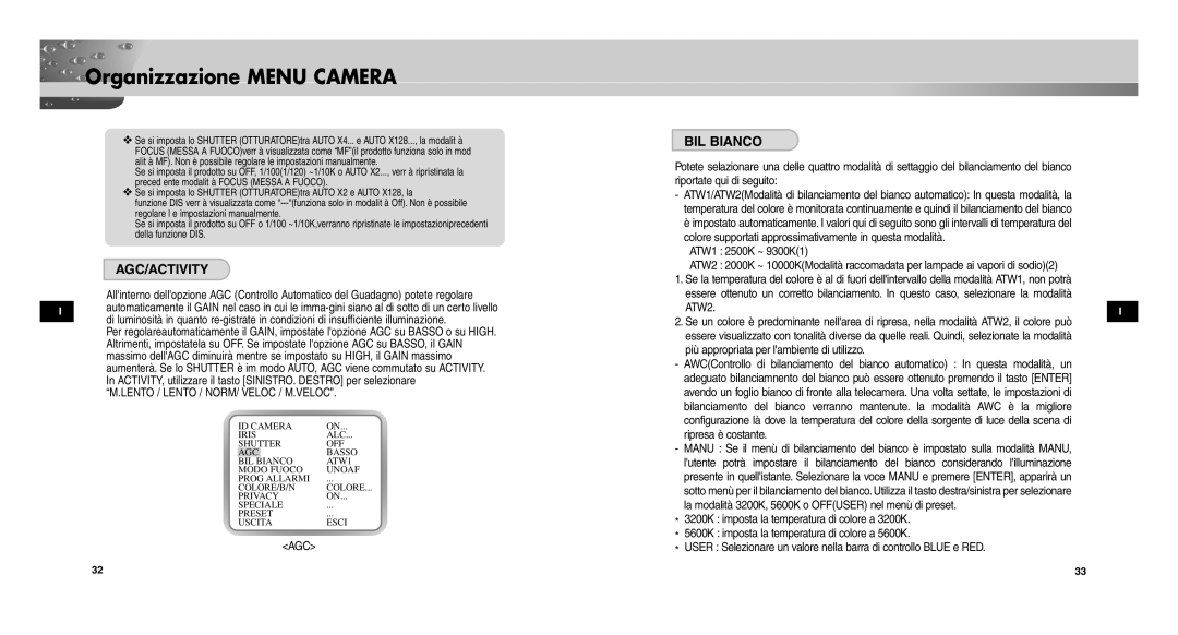 Samsung SCC-C9302FP, SCCC9302FP/SAU, SCC-C9302P/SAU manual Agc/Activity, BIL Bianco, Lento / Lento / NORM/ Veloc / M.VELOC 