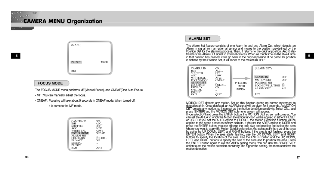 Samsung SCCC9302FP/SAU, SCC-C9302P/SAU, SCC-C9302FP manual Focus Mode, Alarm SET 