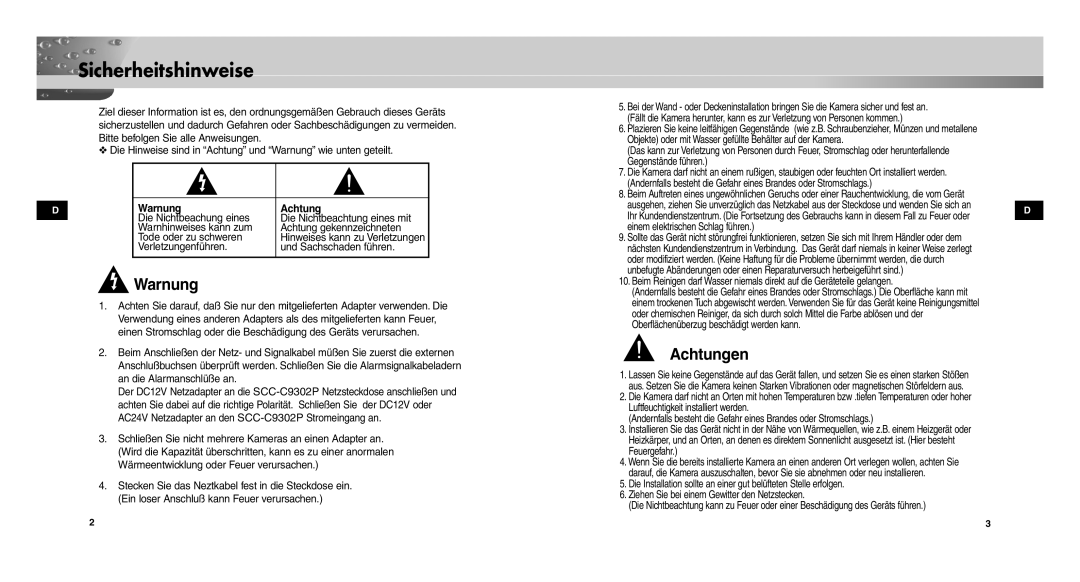 Samsung SCC-C9302P, SCCC9302FP/SAU manual Sicherheitshinweise, Warnung Achtung, Verletzungenführen Und Sachschaden führen 