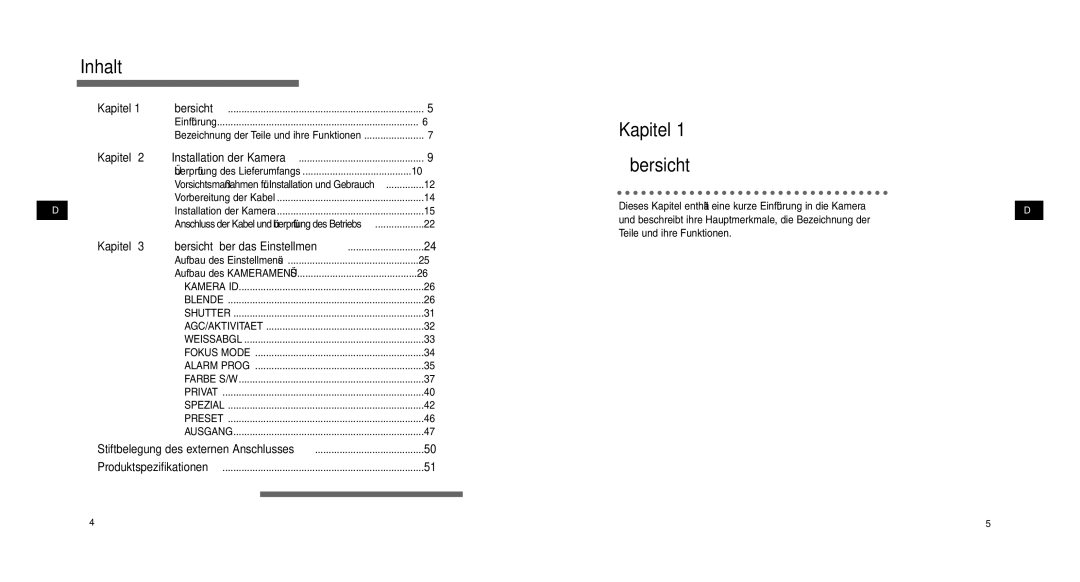 Samsung SCCC9302FP/SAU, SCC-C9302P/SAU, SCC-C9302FP manual Inhalt, Kapitel Übersicht 