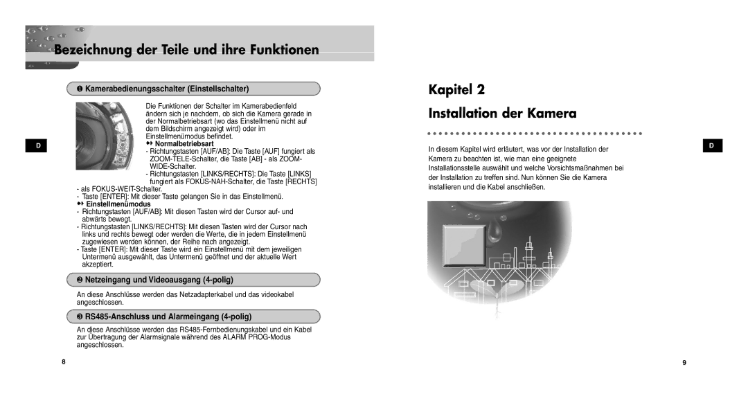 Samsung SCC-C9302FP, SCCC9302FP/SAU manual Kapitel Installation der Kamera, ❶ Kamerabedienungsschalter Einstellschalter 