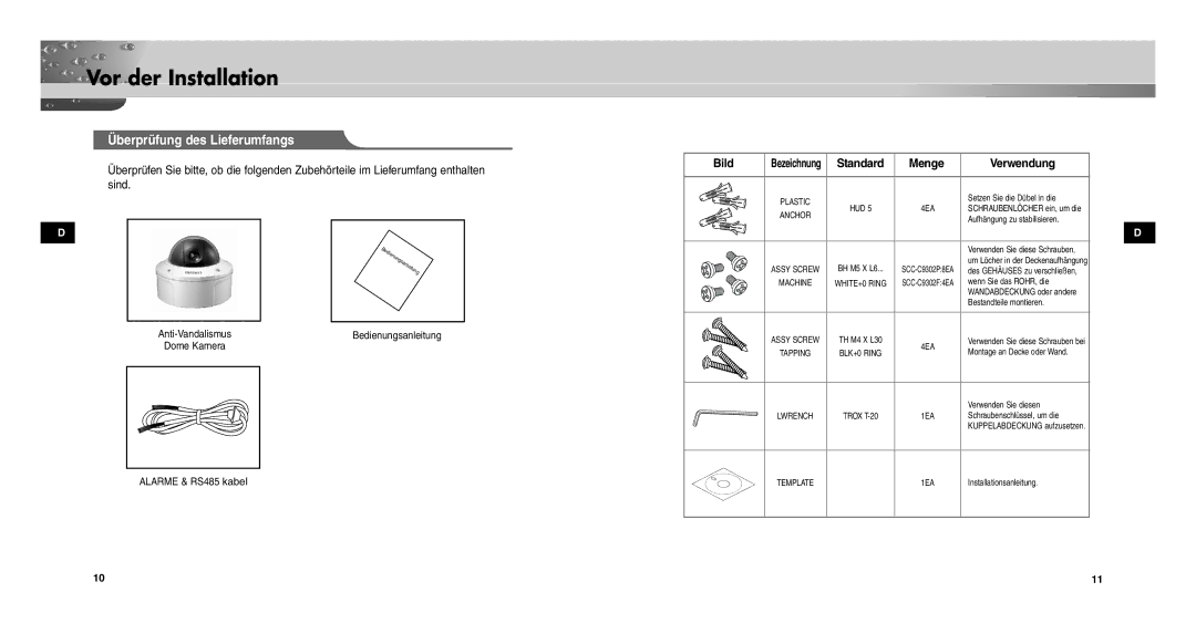 Samsung SCCC9302FP/SAU, SCC-C9302P/SAU manual Vor der Installation, Überprüfung des Lieferumfangs, Bild, Verwendung 