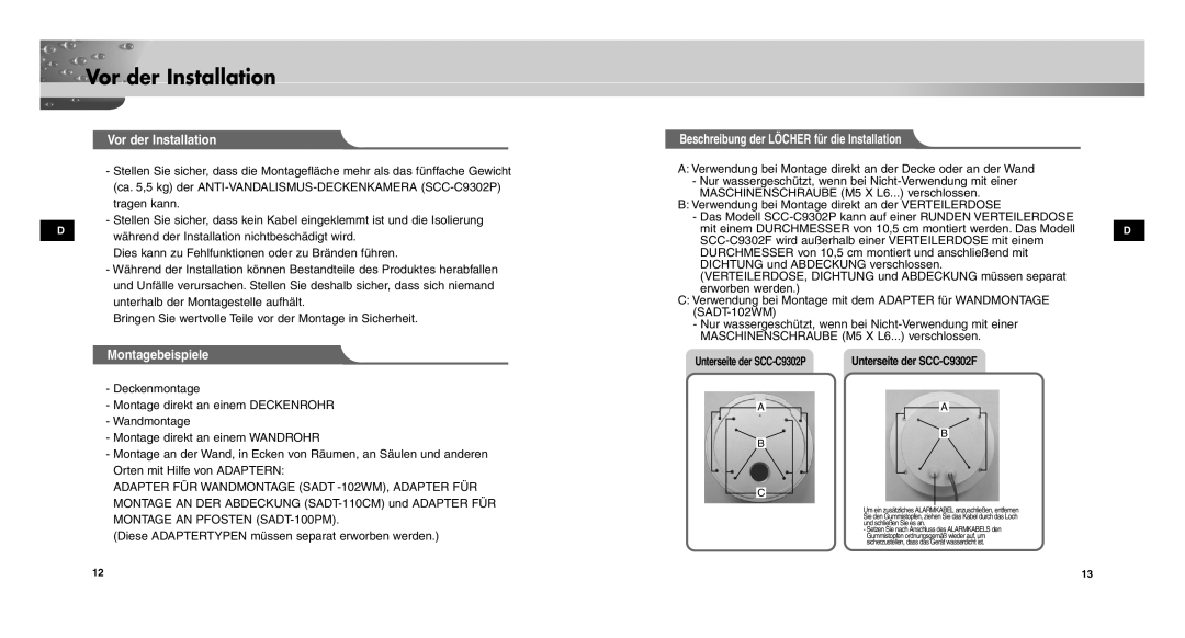 Samsung SCCC9302FP/SAU, SCC-C9302FP Vor der Installation, Montagebeispiele, Beschreibung der Löcher für die Installation 