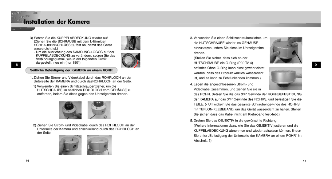 Samsung SCC-C9302FP, SCCC9302FP/SAU, SCC-C9302P/SAU manual Seitliche Befestigung der Kamera an einem Rohr 