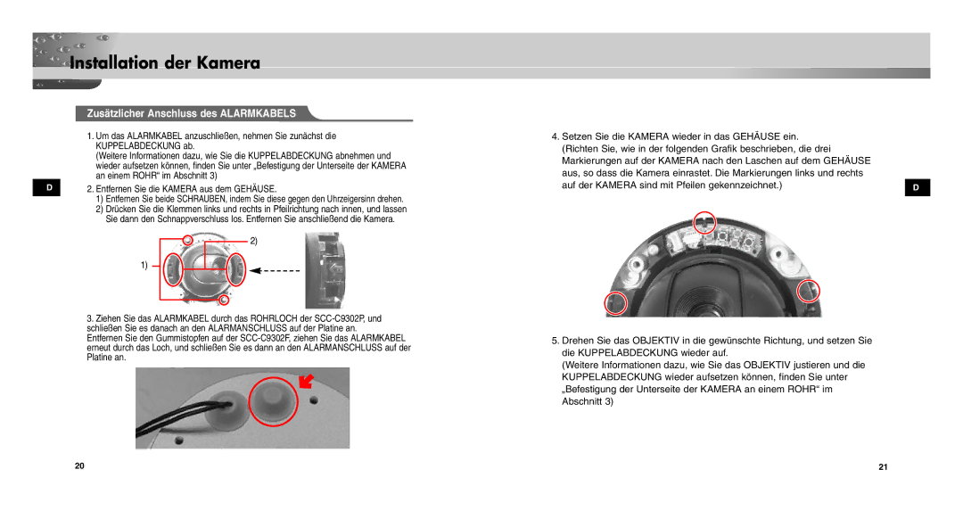 Samsung SCCC9302FP/SAU, SCC-C9302FP Zusätzlicher Anschluss des Alarmkabels, Auf der Kamera sind mit Pfeilen gekennzeichnet 