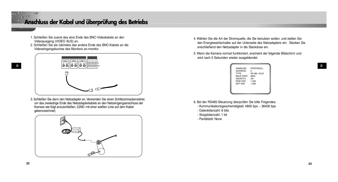 Samsung SCC-C9302P/SAU, SCCC9302FP/SAU, SCC-C9302FP manual Anschluss der Kabel und überprüfung des Betriebs 