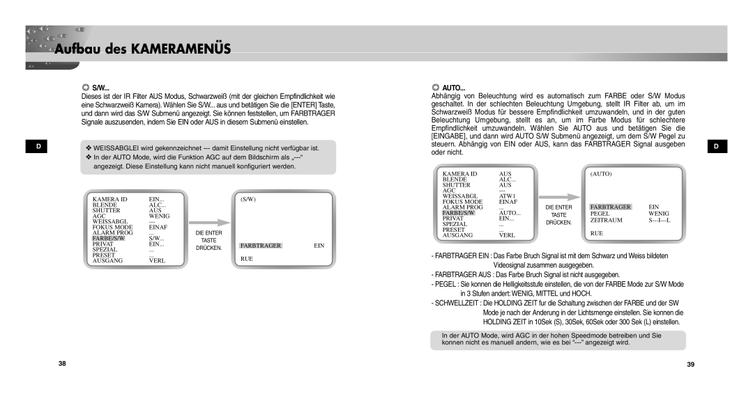 Samsung SCC-C9302P/SAU, SCCC9302FP/SAU, SCC-C9302FP manual Auto, Farbtrager AUS Das Farbe Bruch Signal ist nicht ausgegeben 