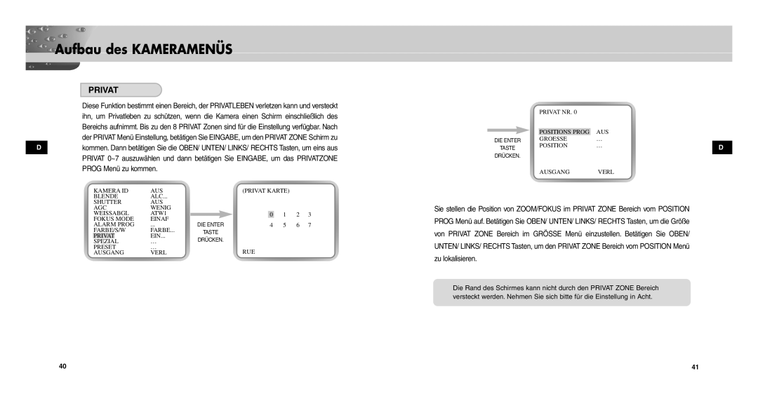 Samsung SCC-C9302FP, SCCC9302FP/SAU, SCC-C9302P/SAU manual Kamera ID AUS, Preset RUE Ausgang Verl Privat NR 