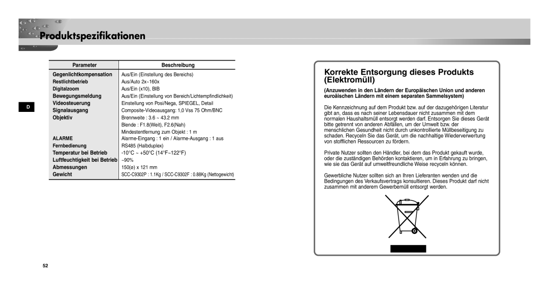 Samsung SCCC9302FP/SAU Parameter Beschreibung, Bewegungsmeldung, Videosteuerung, Signalausgang, Objektiv, Abmessungen 