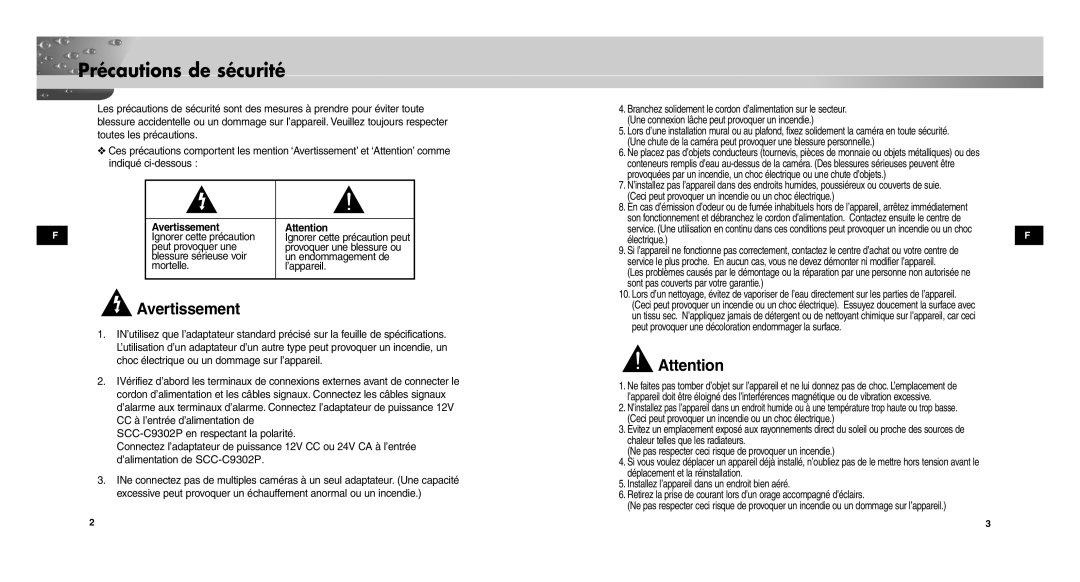 Samsung SCC-C9302P manual Précautions de sécurité, Avertissement, Ignorer cette précaution, Peut provoquer une, Électrique 