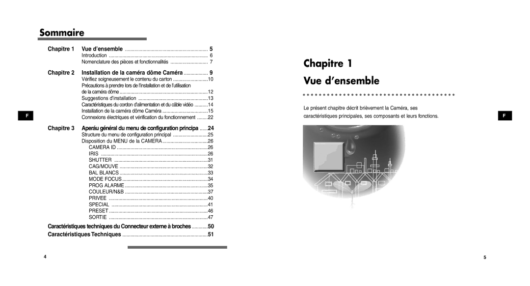 Samsung SCCC9302FP/SAU, SCC-C9302P/SAU manual Chapitre 2 Installation de la caméra dôme Caméra, Caractéristiques Techniques 