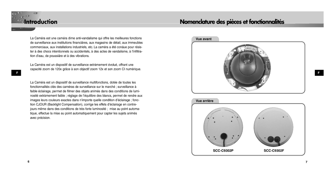 Samsung SCC-C9302P/SAU, SCC-C9302FP Nomenclature des pièces et fonctionnalités, Vue avant Vue arrière SCC-C9302PSCC-C9302F 