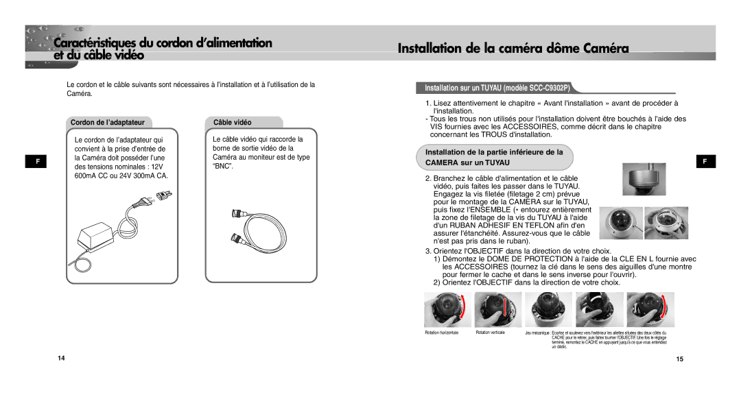 Samsung SCC-C9302P/SAU Installation de la caméra dôme Caméra, Installation sur un Tuyau modèle SCC-C9302P, Câble vidéo 