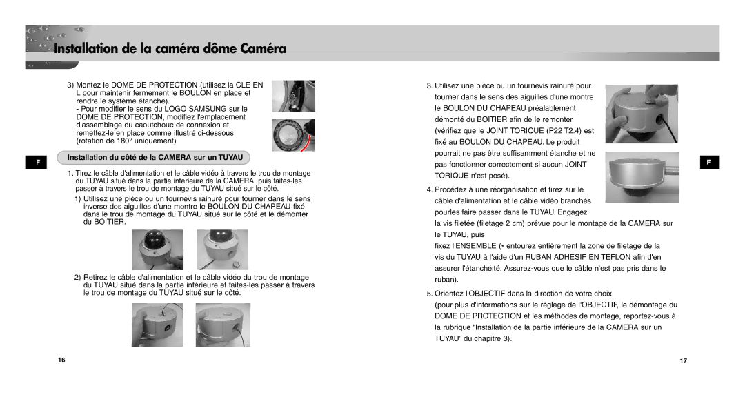 Samsung SCC-C9302FP, SCCC9302FP/SAU, SCC-C9302P/SAU manual Installation du côté de la Camera sur un Tuyau 