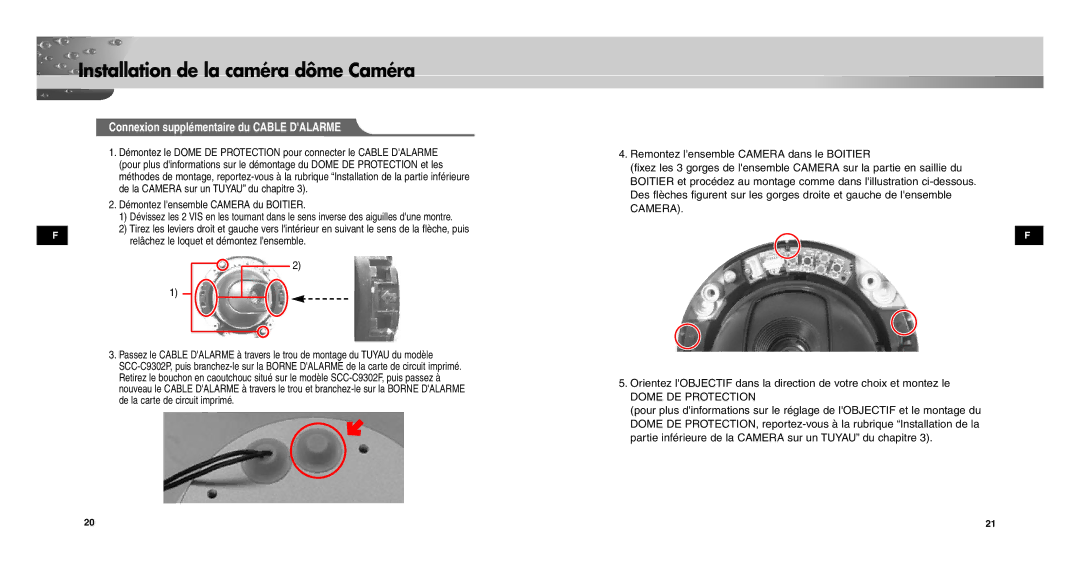 Samsung SCCC9302FP/SAU, SCC-C9302P/SAU, SCC-C9302FP manual Connexion supplémentaire du Cable Dalarme, Dome DE Protection 