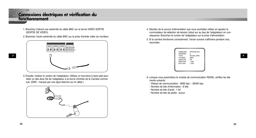 Samsung SCC-C9302P/SAU, SCCC9302FP/SAU, SCC-C9302FP manual Connexions électriques et vérification du fonctionnement 