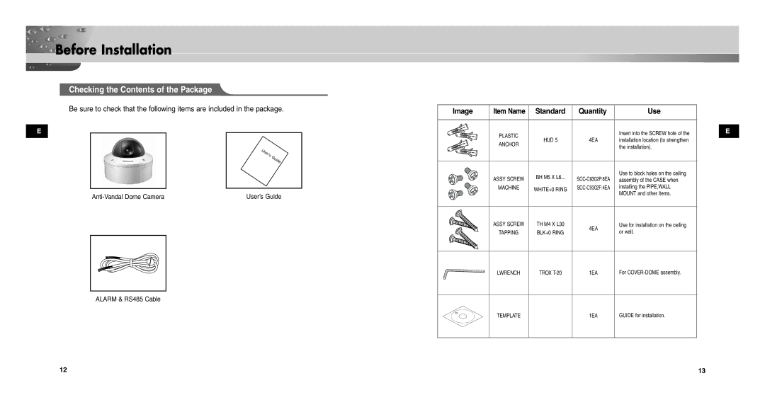 Samsung SCCC9302FP/SAU, SCC-C9302P/SAU, SCC-C9302FP manual Before Installation, Checking the Contents of the Package 