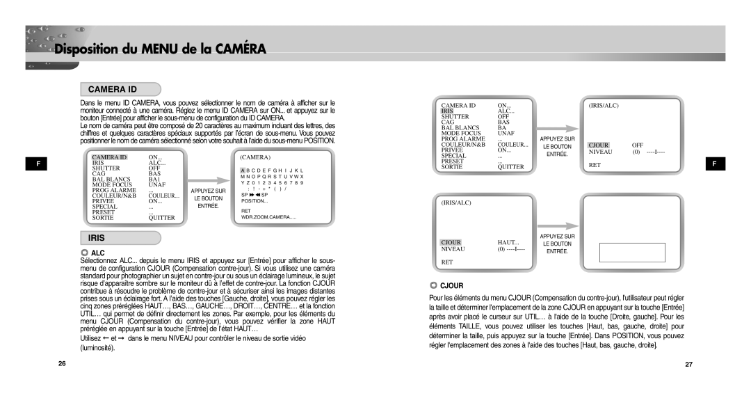 Samsung SCCC9302FP/SAU, SCC-C9302P/SAU, SCC-C9302FP manual Disposition du Menu de la Caméra, Utilisez, Luminosité 