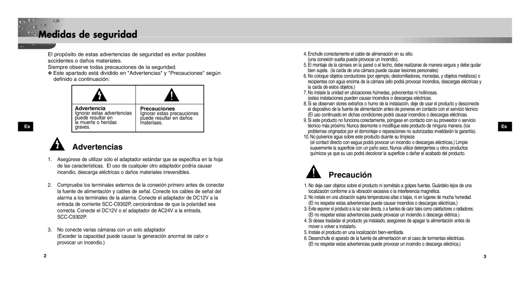 Samsung SCCC9302FP/SAU, SCC-C9302P/SAU, SCC-C9302FP manual Medidas de seguridad, Advertencia Precauciones 