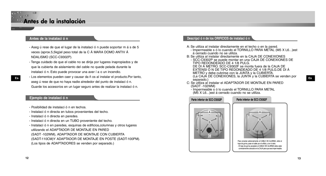 Samsung SCCC9302FP/SAU, SCC-C9302P/SAU Antes de la instalaci ó n, Ejemplo de instalaci ó n, Tipo Redondeado DE 4 1/8 Pulg 