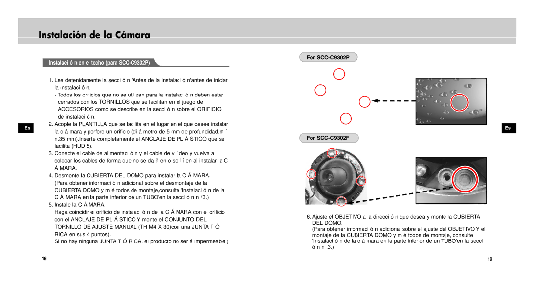 Samsung SCCC9302FP/SAU, SCC-C9302P/SAU manual Instalaci ó n en el techo para SCC-C9302P, For SCC-C9302P For SCC-C9302F 