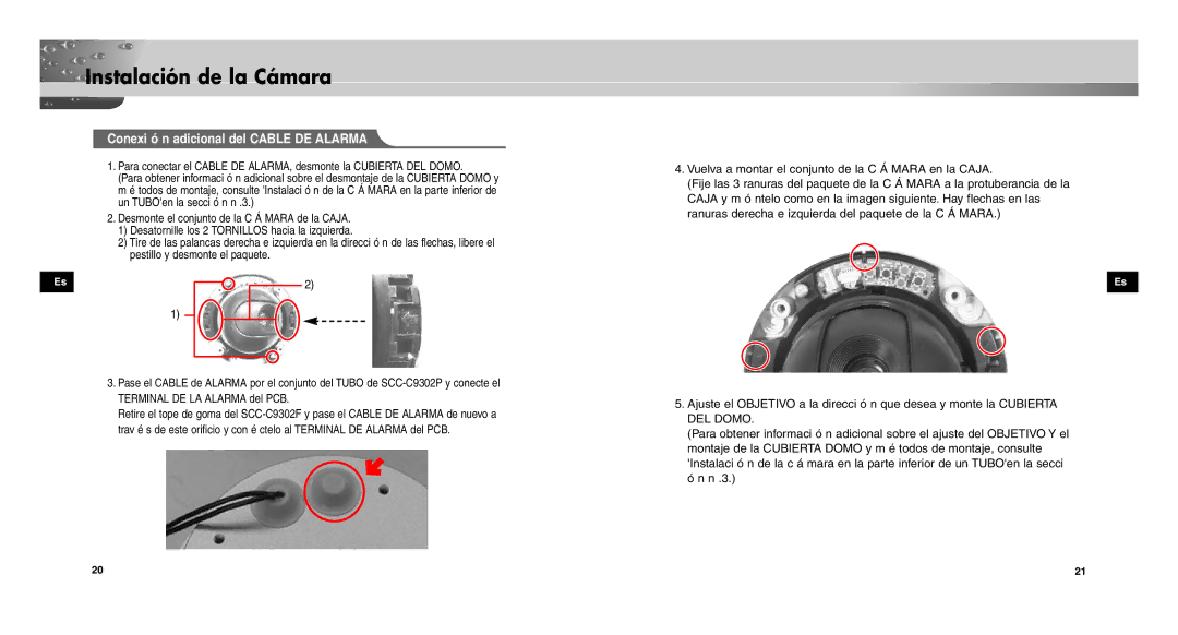 Samsung SCCC9302FP/SAU, SCC-C9302P/SAU, SCC-C9302FP manual Conexi ó n adicional del Cable DE Alarma 