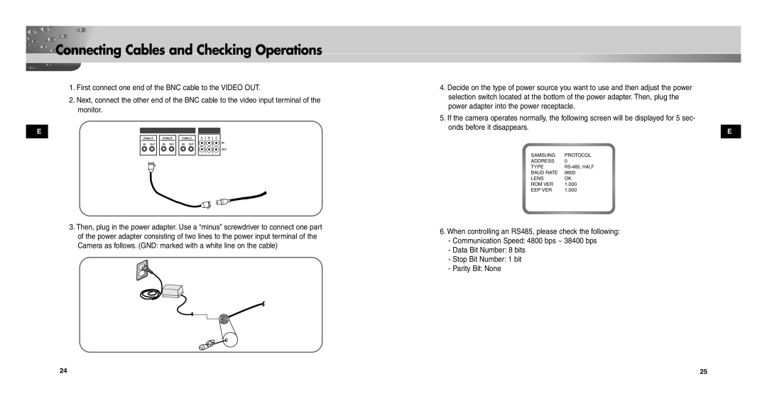 Samsung SCC-C9302P/SAU, SCCC9302FP/SAU, SCC-C9302FP manual Connecting Cables and Checking Operations 