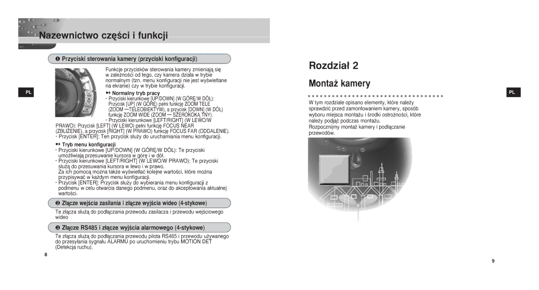 Samsung SCCC9302FP/SAU, SCC-C9302P/SAU, SCC-C9302FP Monta˝ kamery, ❶ Przyciski sterowania kamery przyciski konfiguracji 