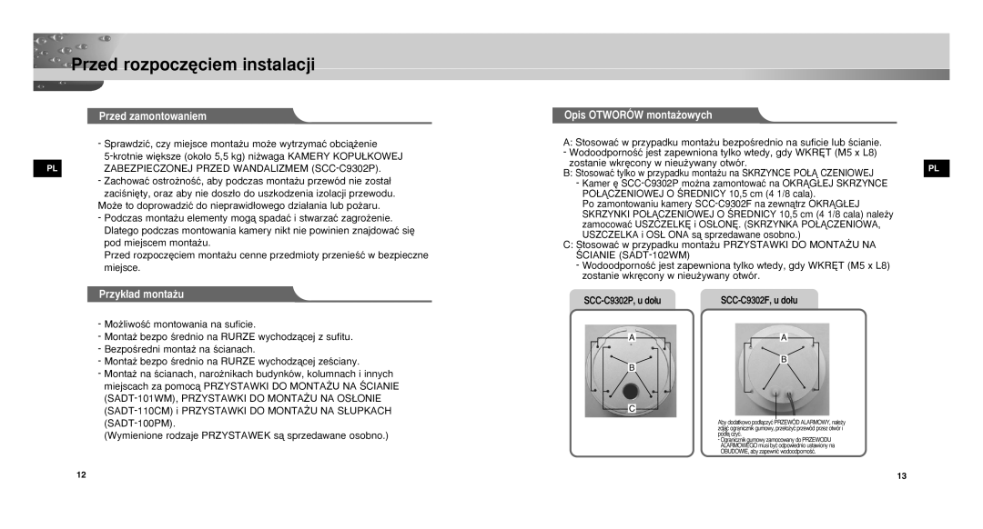 Samsung SCC-C9302FP, SCCC9302FP/SAU Przed zamontowaniem, Przyk∏ad monta˝u, Opis Otworów monta˝owych, SCC-C9302P, u do∏u 