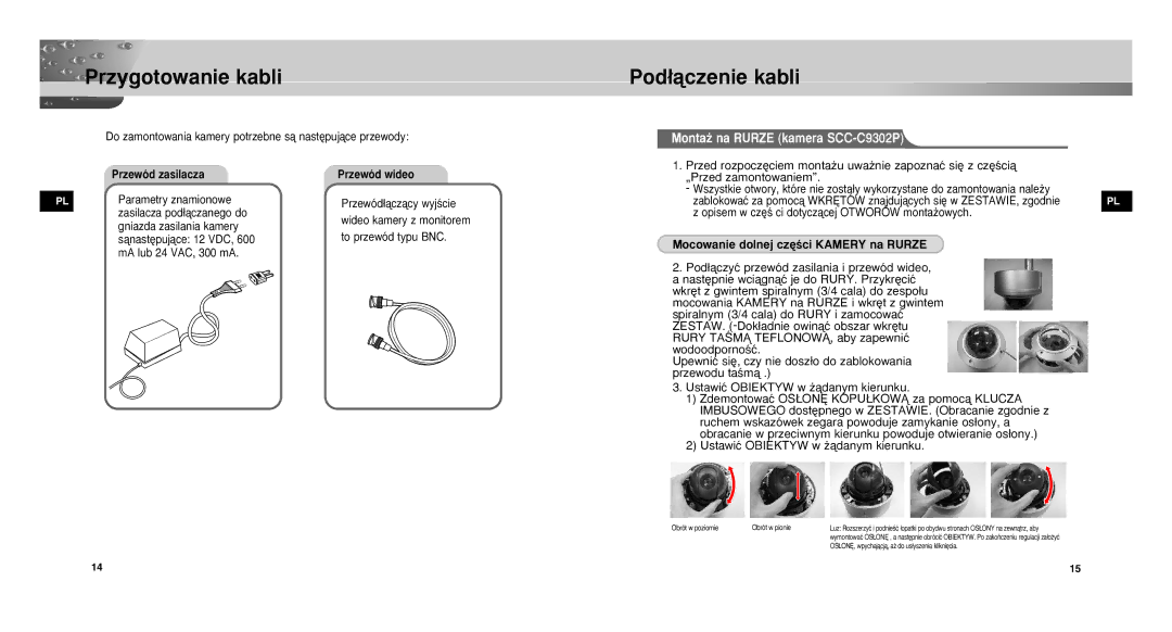 Samsung SCCC9302FP/SAU, SCC-C9302P/SAU manual Przygotowanie kabli, Pod∏àczenie kabli, Monta˝ na Rurze kamera SCC-C9302P 