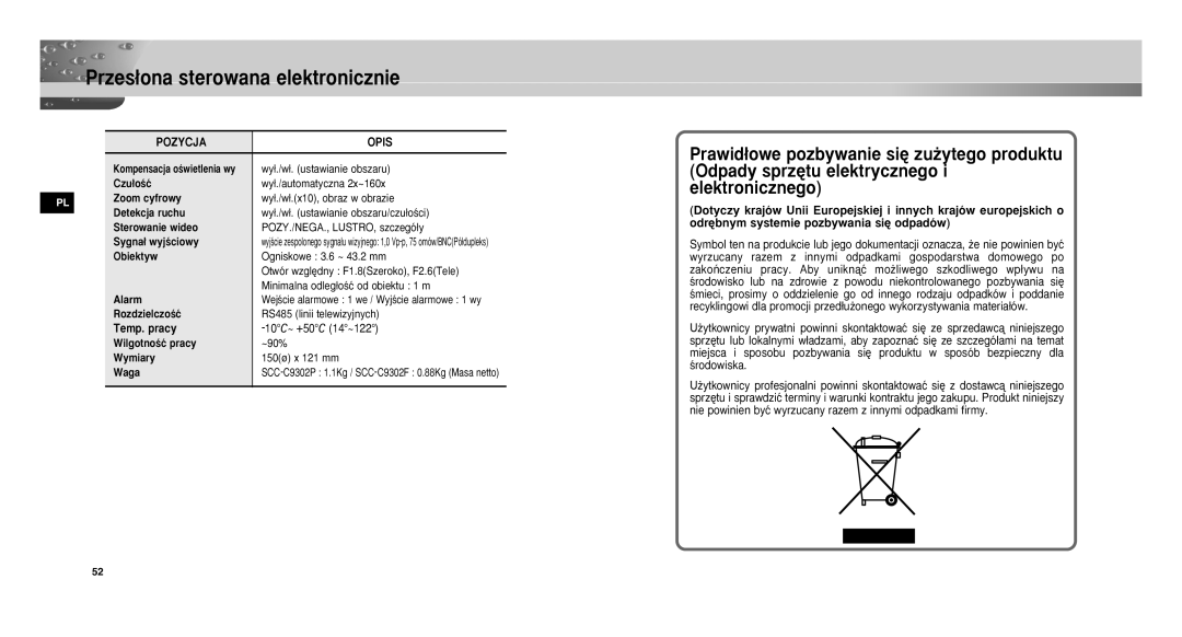 Samsung SCC-C9302FP, SCCC9302FP/SAU, SCC-C9302P/SAU manual Temp. pracy, 10C~+50C 14~122 