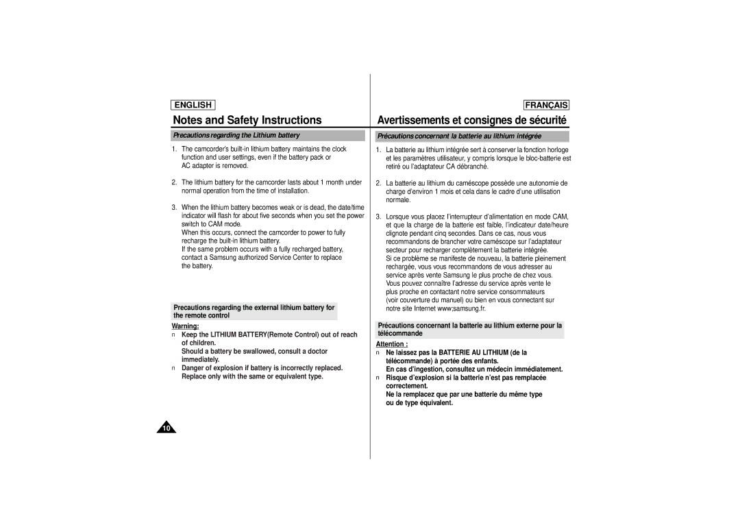 Samsung SCD 180 manual Precautions regarding the Lithium battery, Précautions concernant la batterie au lithium intégrée 