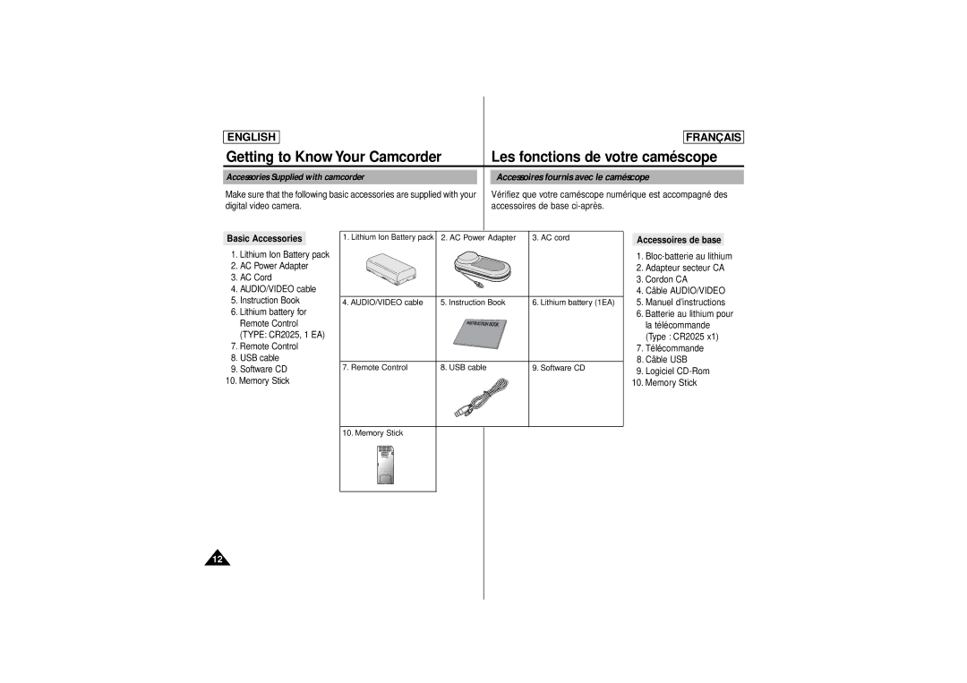 Samsung SCD 180, AD68-00541C Accessoires fournis avec le caméscope, Accessories Supplied with camcorder, Basic Accessories 