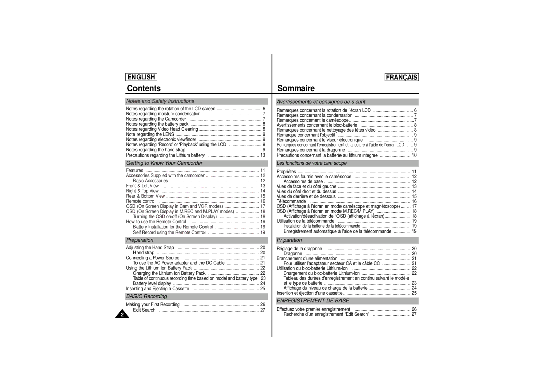 Samsung SCD 180, AD68-00541C manual Contents Sommaire 