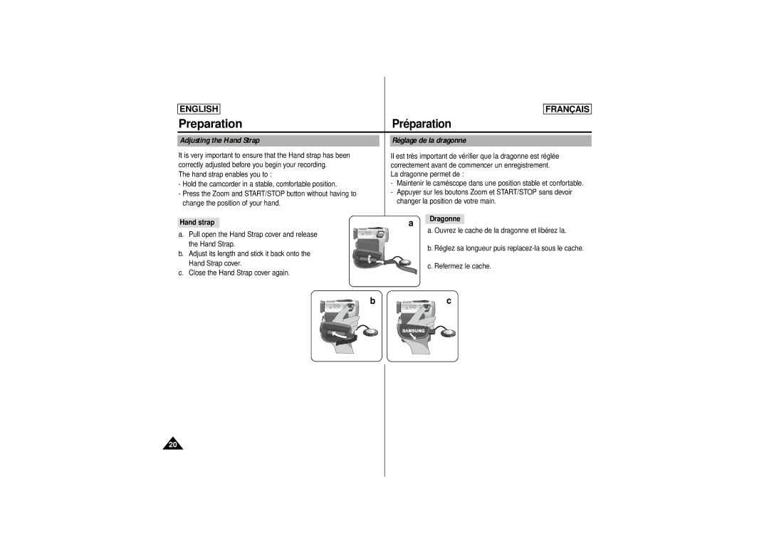 Samsung SCD 180, AD68-00541C manual Préparation, Adjusting the Hand Strap, Réglage de la dragonne, Hand strap, Dragonne 