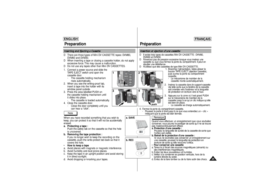 Samsung AD68-00541C, SCD 180 manual Preparation, Inserting and Ejecting a Cassette, Insertion et éjection dune cassette 