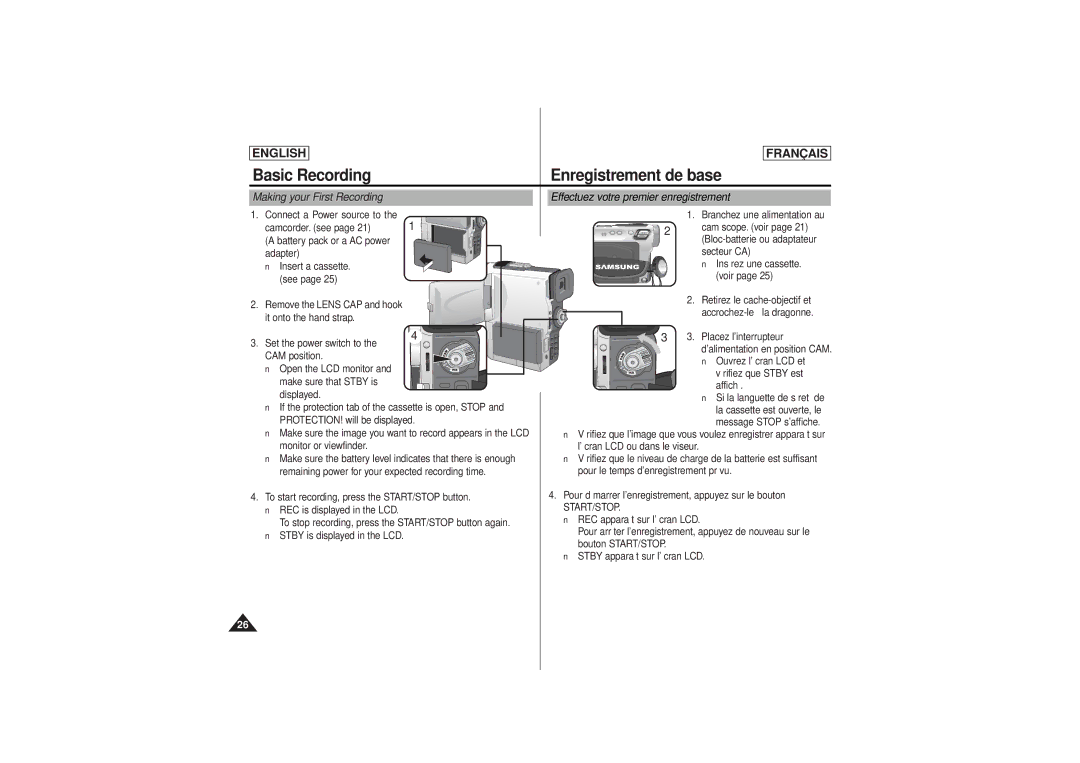 Samsung SCD 180, AD68-00541C manual Basic Recording Enregistrement de base, Start/Stop 